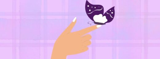 beautiful feminine cartoon hand holding a beautiful purple with white butterfly over a lilac plaid background